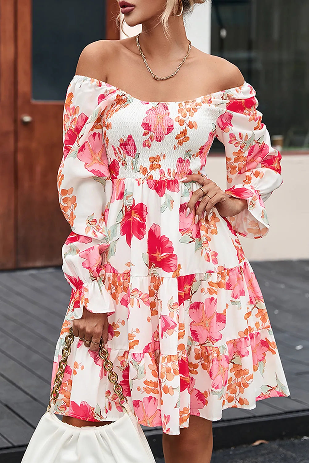 Fiery Red Smocked Tiered Floral Dress - Chic Meadow Boutique 