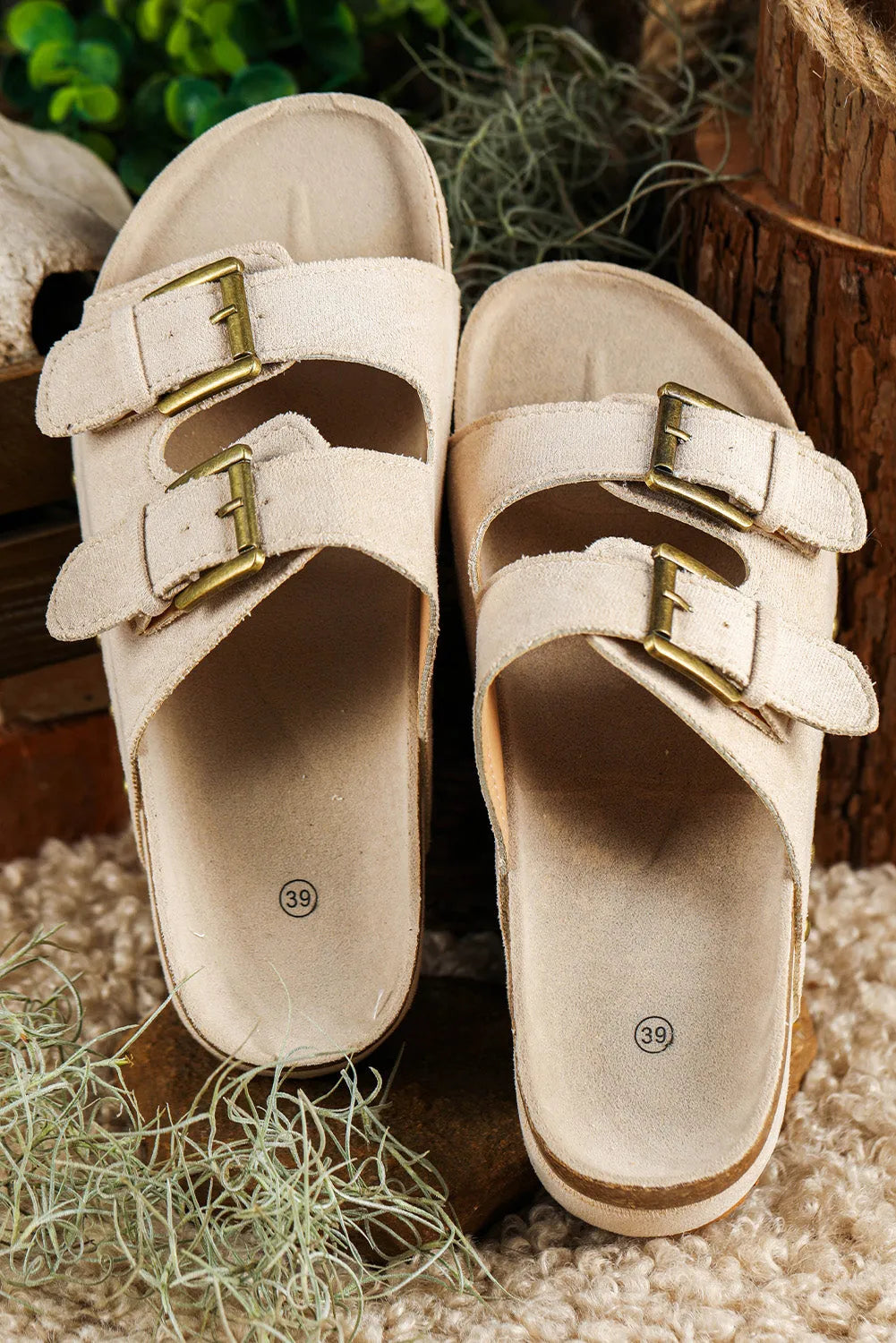 Beige Suede Buckle Decor Footbed Sandal Slippers - Chic Meadow Boutique 