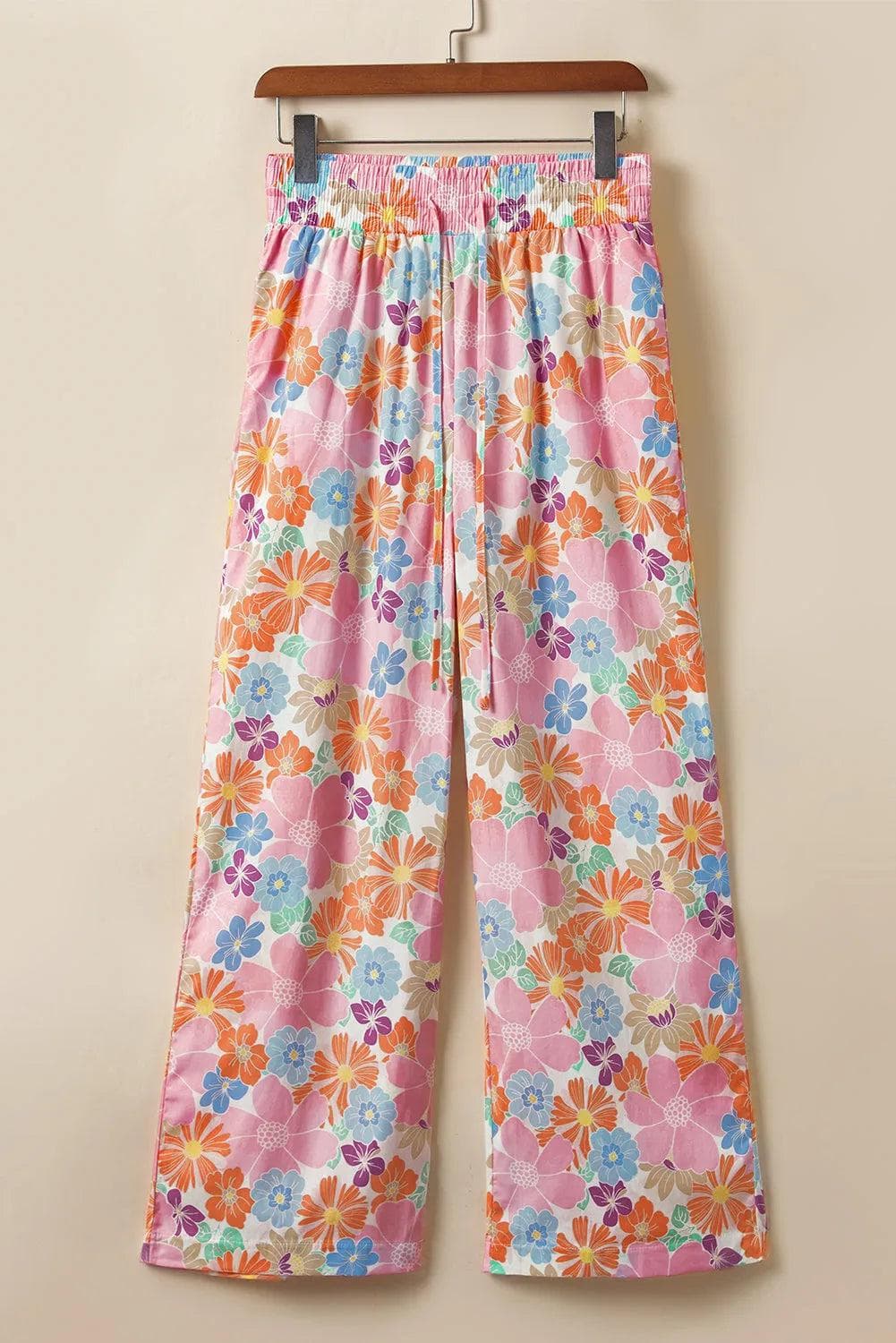 Pink Floral Smocked Waist Loose Pants - Chic Meadow Boutique 