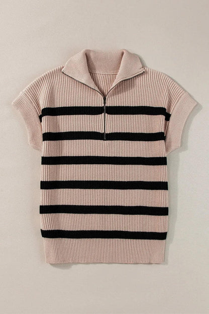 Khaki Stripe Zipped Collar Short Sleeve Sweater - Chic Meadow Boutique 