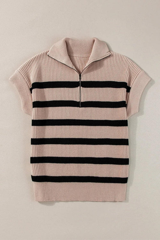 Tops/Short Sleeve Sweaters Khaki Stripe / S / 50%Viscose+28%Polyester+22%Polyamide Khaki Stripe Zipped Collar Short Sleeve Sweater