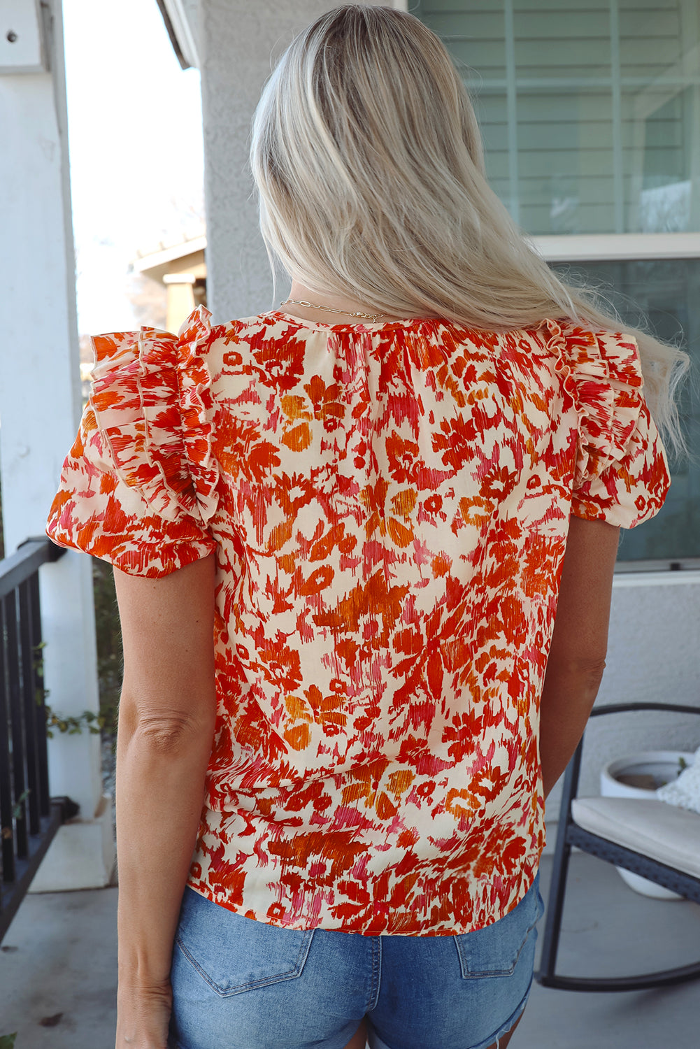 Orange Floral Print Ruffled Short Puff Sleeve Split Neck Blouse