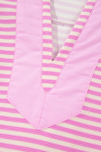 Pink Stripe Color Block Detail Split Neck Short Sleeve Blouse