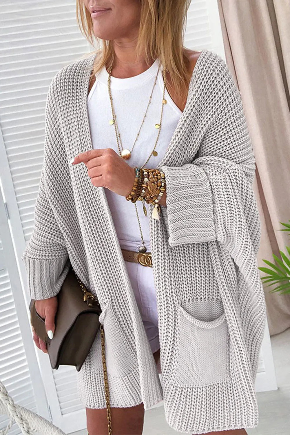 Gray Oversized Fold Over Sleeve Sweater Cardigan - Chic Meadow Boutique 