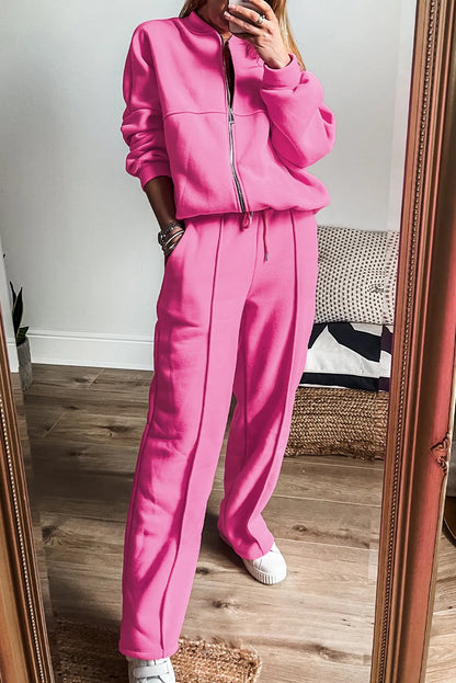 Bright Pink Solid Seamed Zipper Jacket and Drawstring Waist Pants Set - Chic Meadow Boutique 