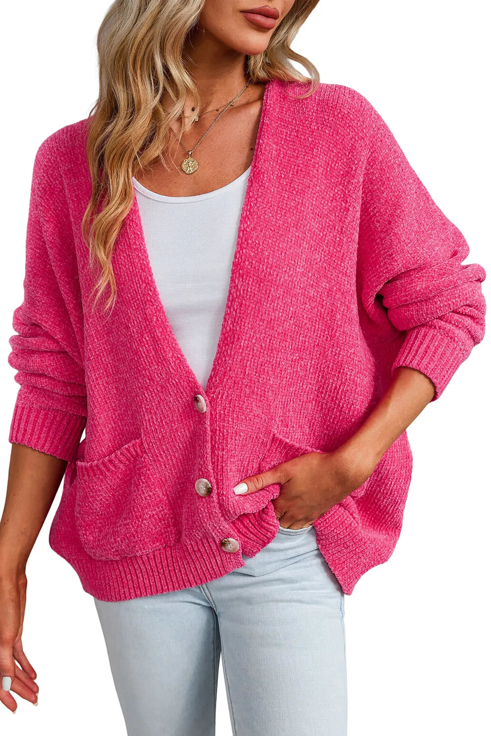 Rose Buttons Front Pocketed Sweater Cardigan - Chic Meadow Boutique 