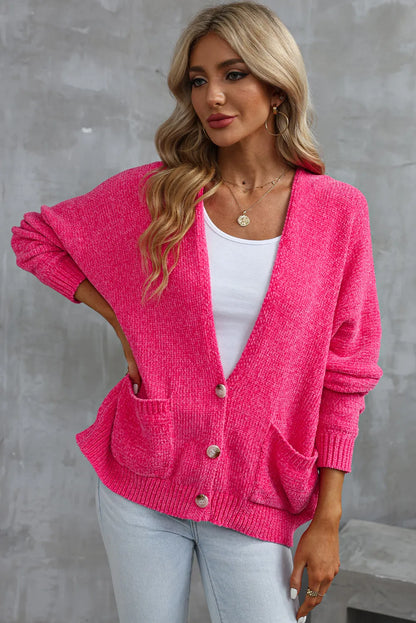 Rose Buttons Front Pocketed Sweater Cardigan - Chic Meadow Boutique 