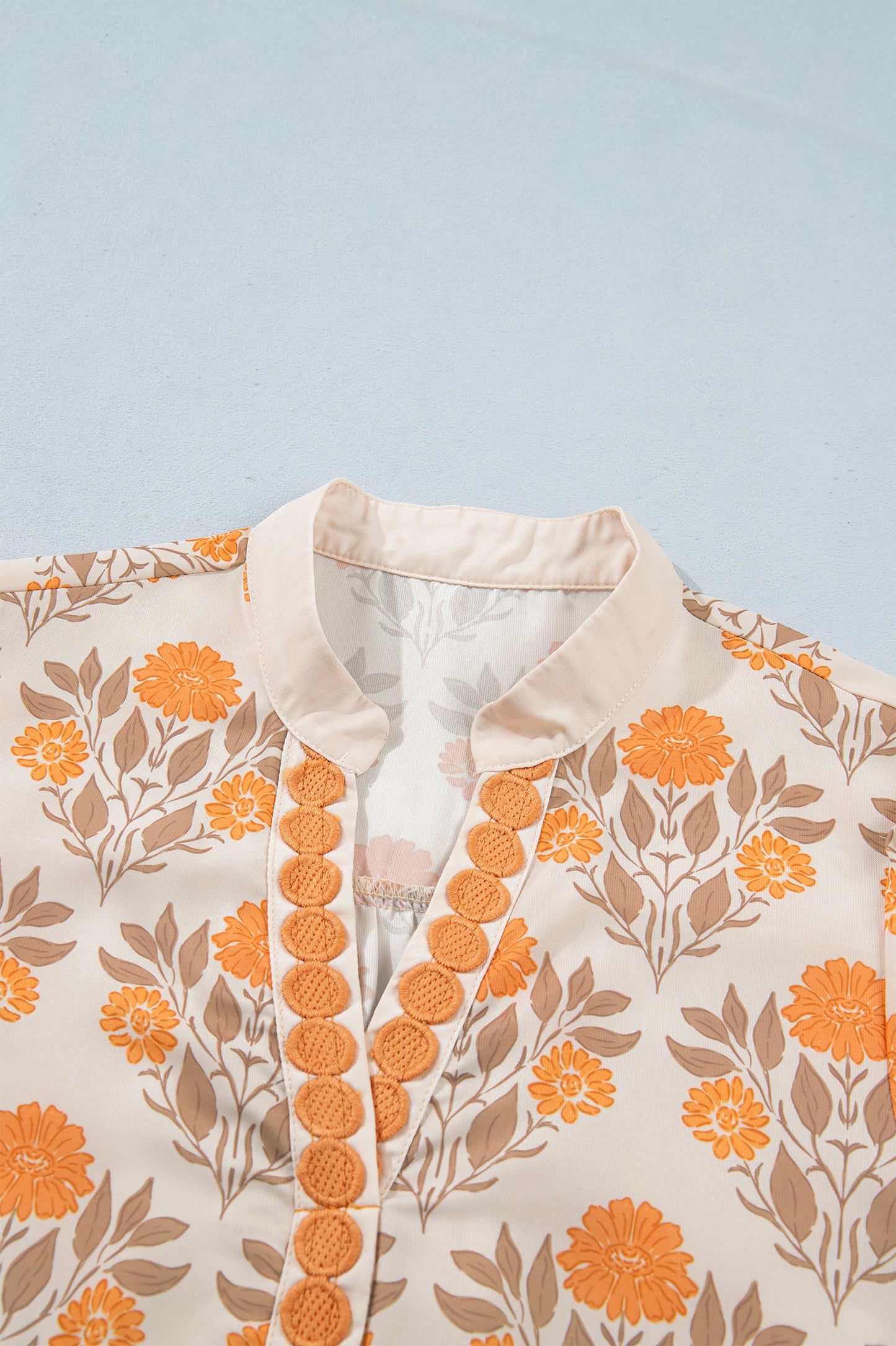 Orange Floral Print Contrast Detail V Neck Long Sleeve Blouse