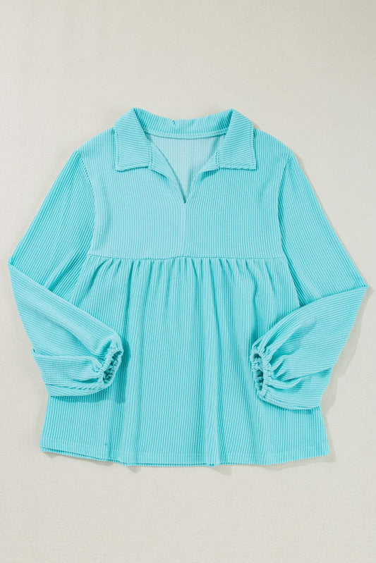 Plus Size/Plus Size Tops/Plus Size Long Sleeve Tops Turquoise Cordrd Balloon Sleeve Collar Plus Babydoll Top