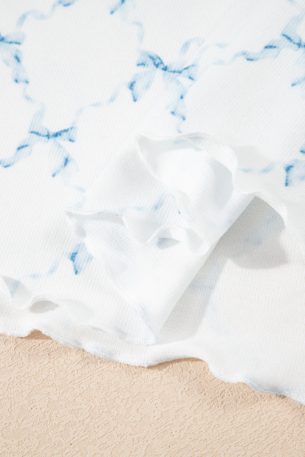 Sky Blue Bow Knot Geometric Print Lettuce Trim Two Piece Lounge Set