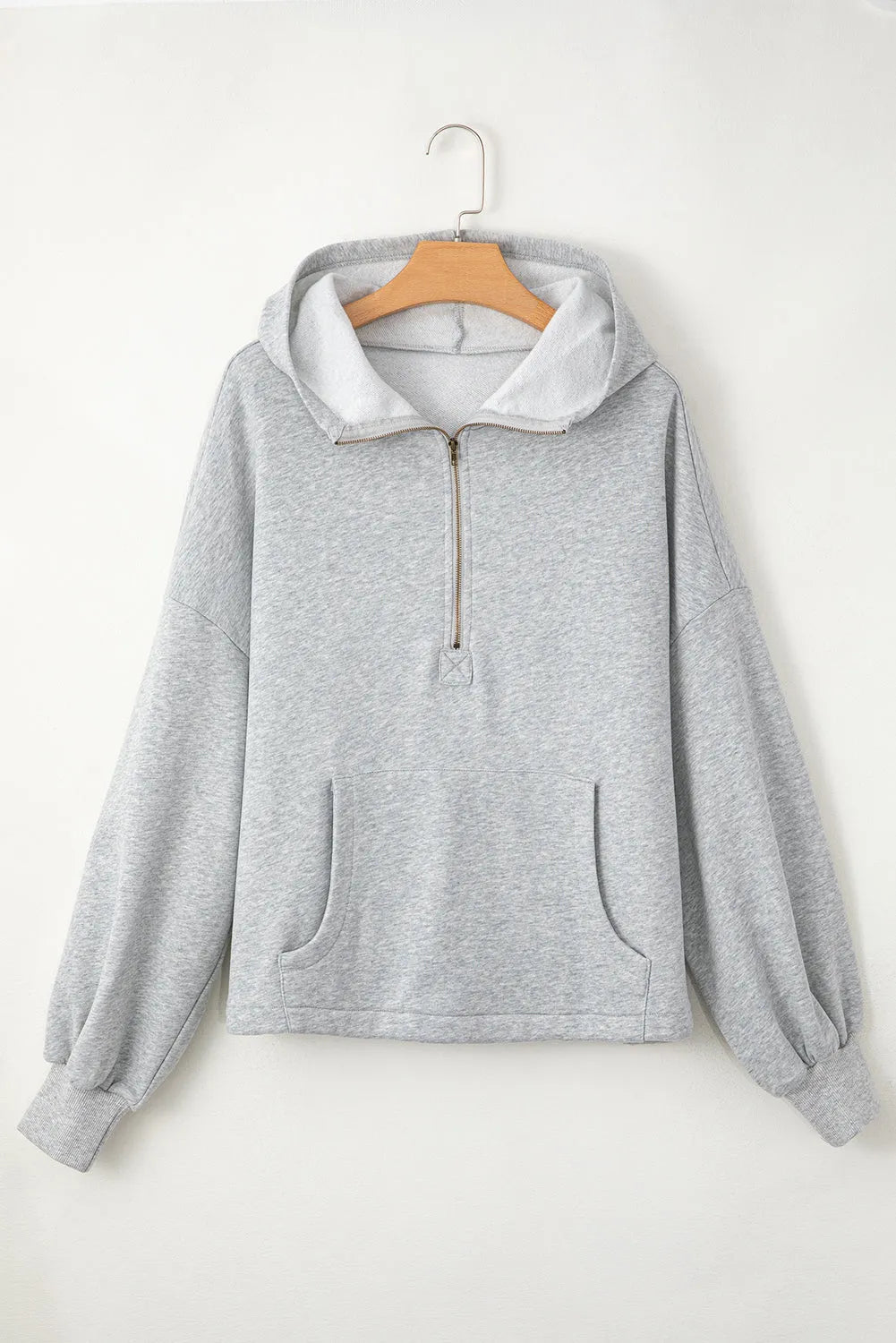 Light Grey Fleece Lined Half Zipper Kangaroo Pockets Loose Hoodie - Chic Meadow Boutique 