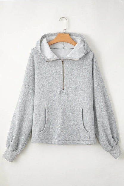 Light Grey Fleece Lined Half Zipper Kangaroo Pockets Loose Hoodie - Chic Meadow Boutique 