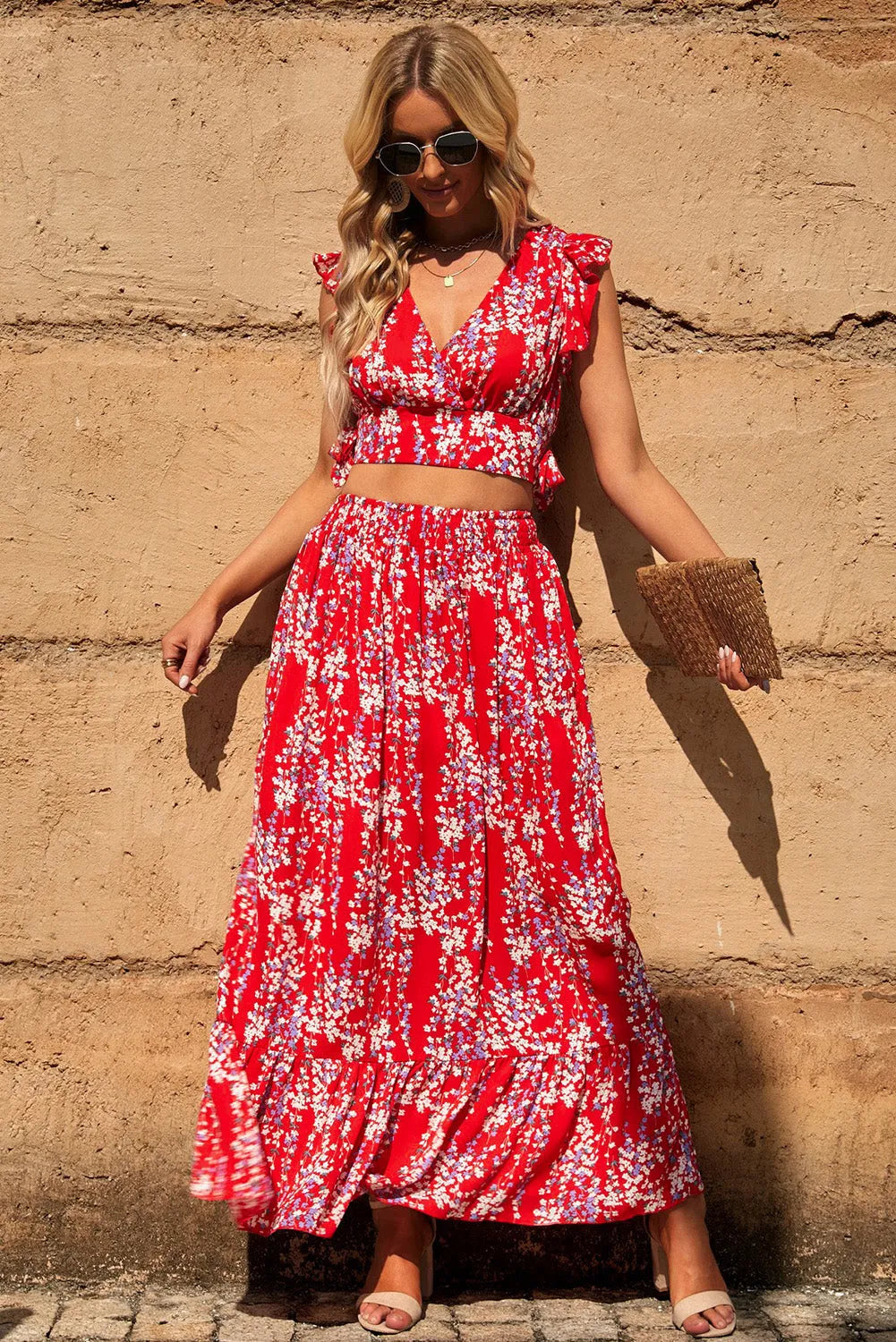 Fiery Red Multicolor Floral Ruffled Crop Top and Maxi Skirt Set - Chic Meadow Boutique 