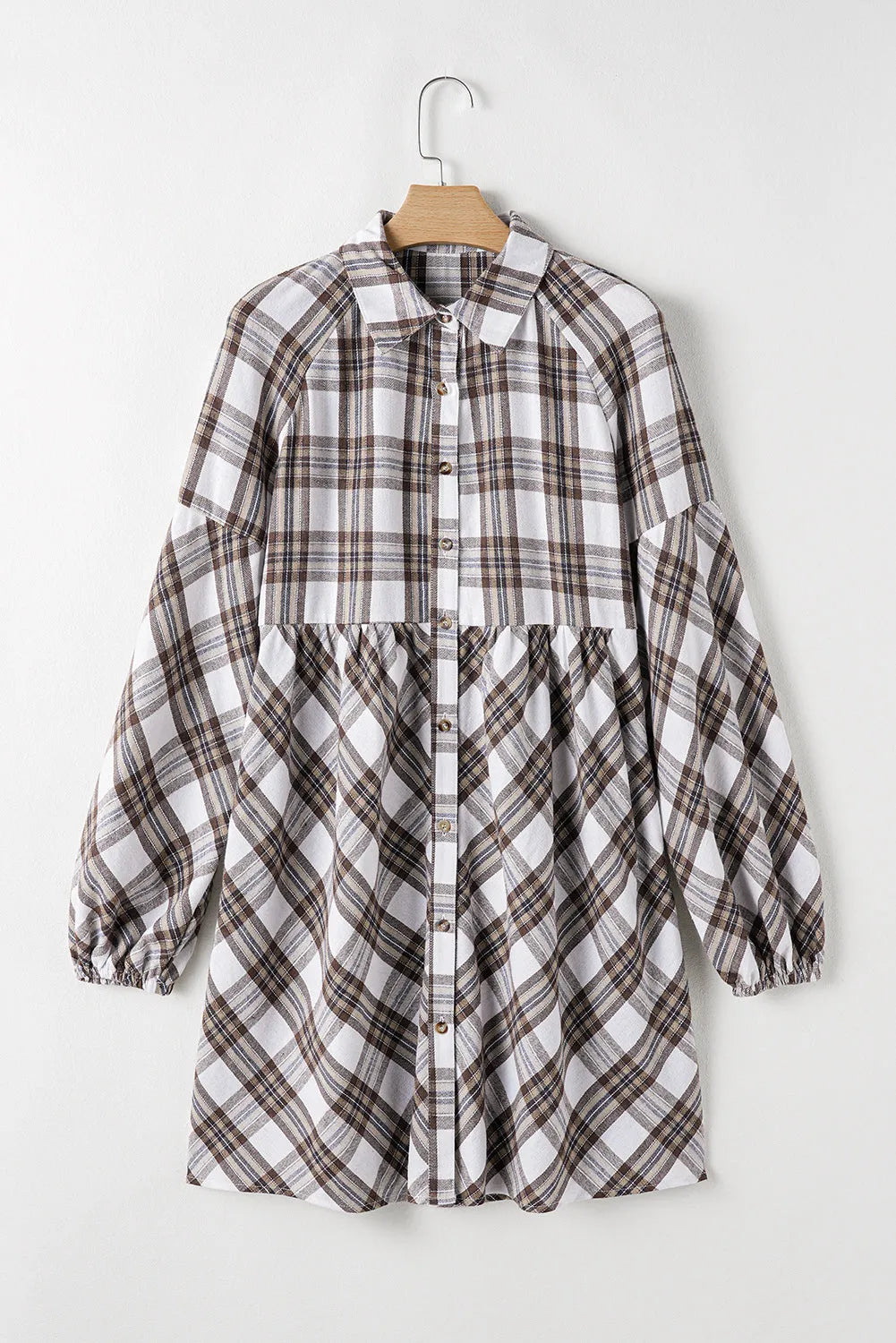 White Plaid Bubble Sleeve Flowy Shirt Dress - Chic Meadow Boutique 