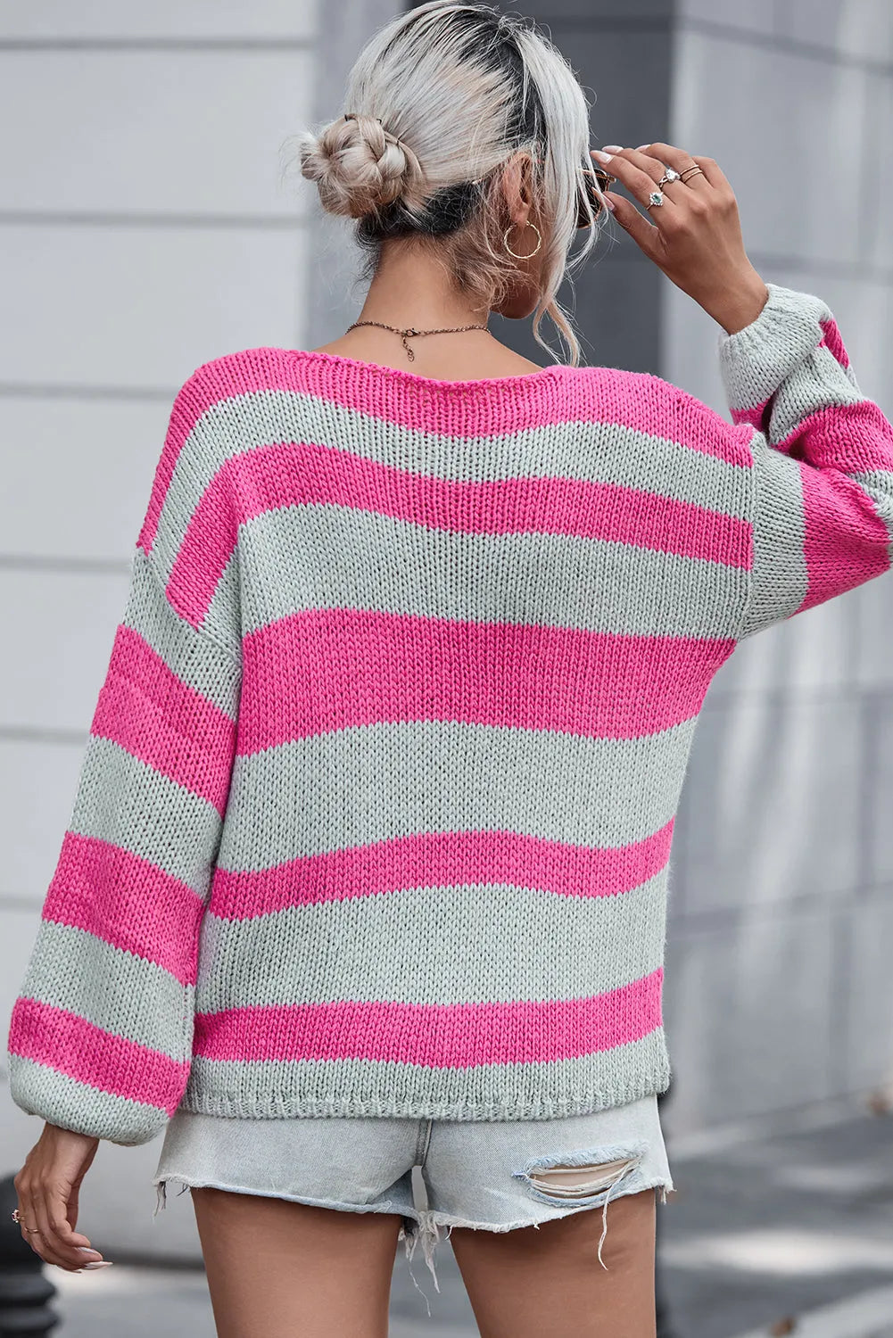 Rose Striped Colorblock Knit V Neck Loose Fit Sweater - Chic Meadow Boutique 