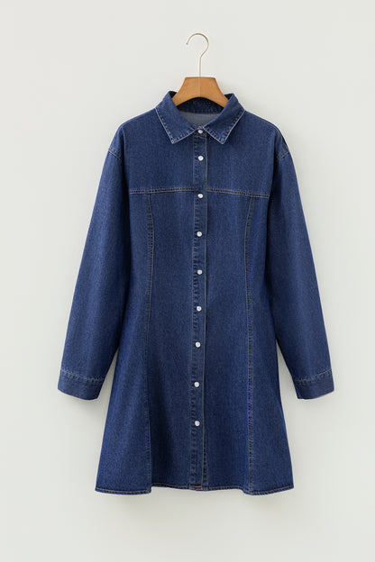 Ashleigh Blue Denim Shirt Collar Long Sleeve Flared Mini Dress