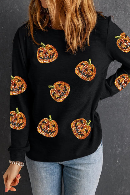 Black Halloween Sequin Pumpkin Face Pullover Long Sleeve Top - Chic Meadow Boutique 