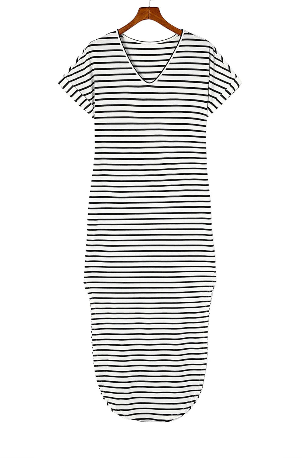 Black Striped Print Side Split Short Sleeve V Neck Maxi Dress - Chic Meadow Boutique 