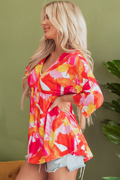 Orange Abstract Print 3/4 Sleeve V Neck Ruffled Babydoll Blouse