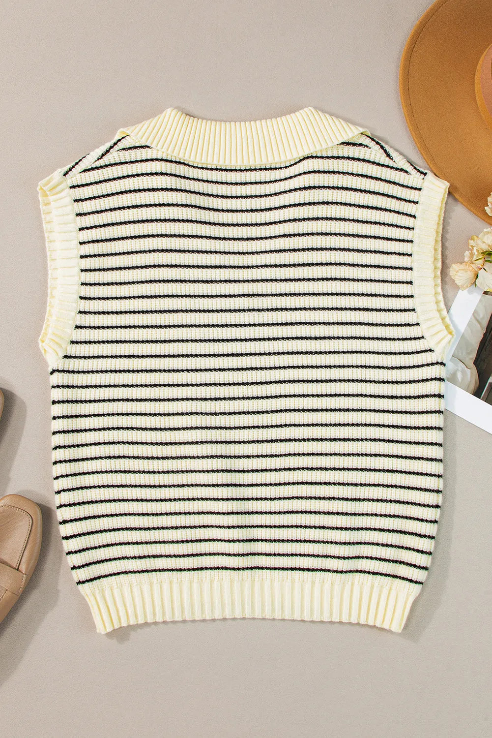 Beige Stripe Turn-down V Neck Sweater Tank Top - Chic Meadow Boutique 