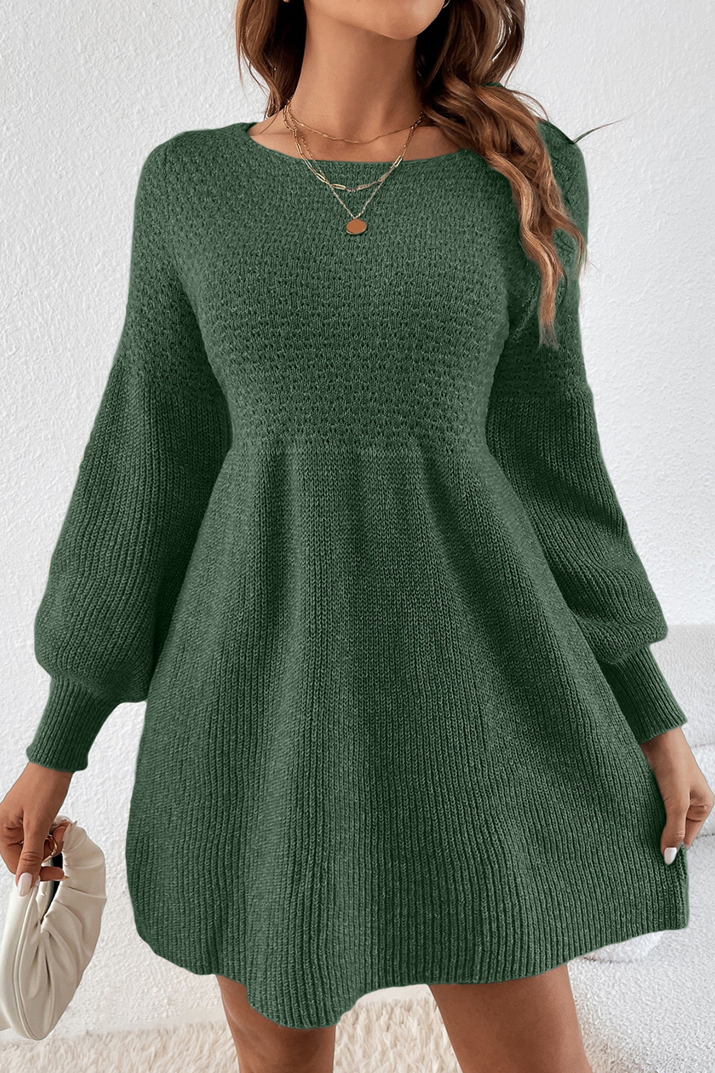 Mist Green Solid Lantern Sleeve Empire Waist Short Sweater Dress