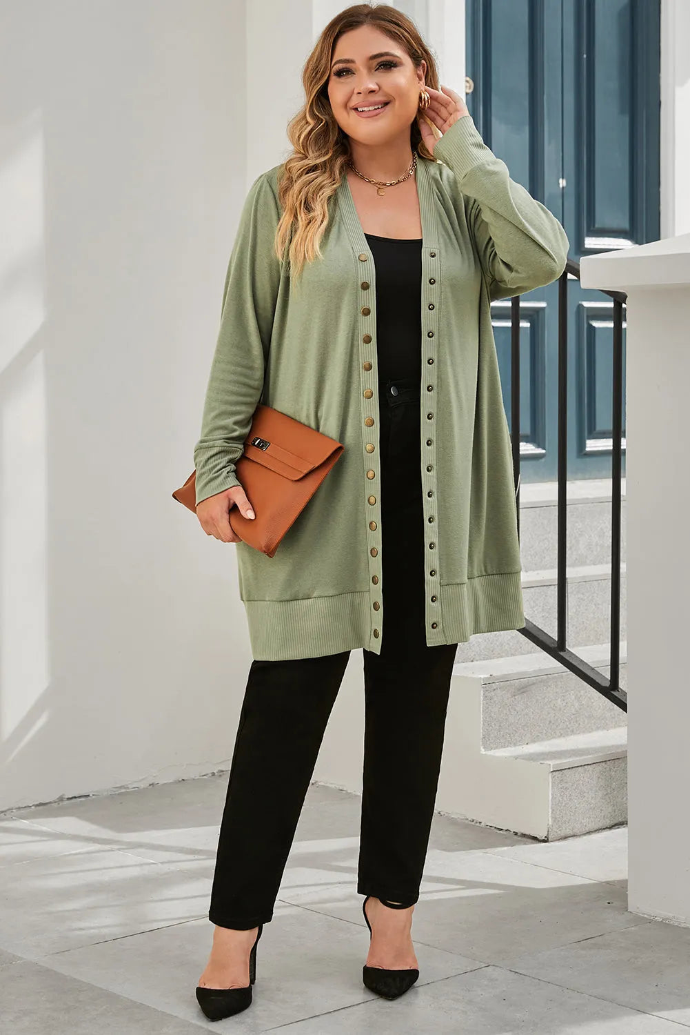 Green Plus Size Snap Buttons Front Knit Cardigan - Chic Meadow Boutique 