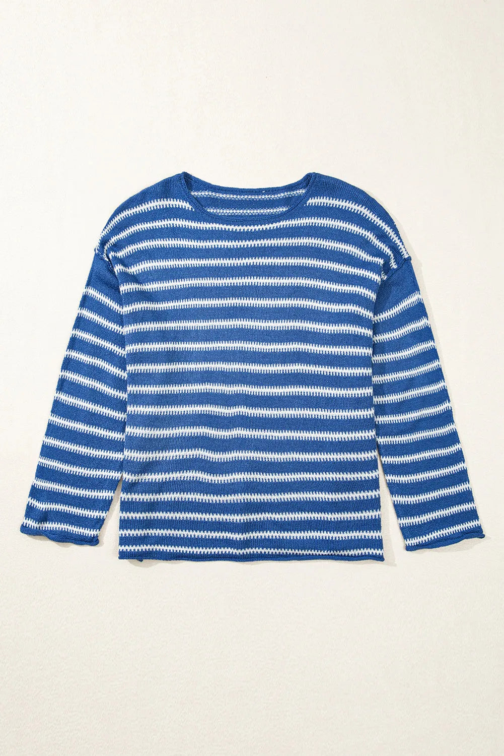 Sky Blue Stripe Drop Shoulder O Neck Plus Size Sweater - Chic Meadow Boutique 