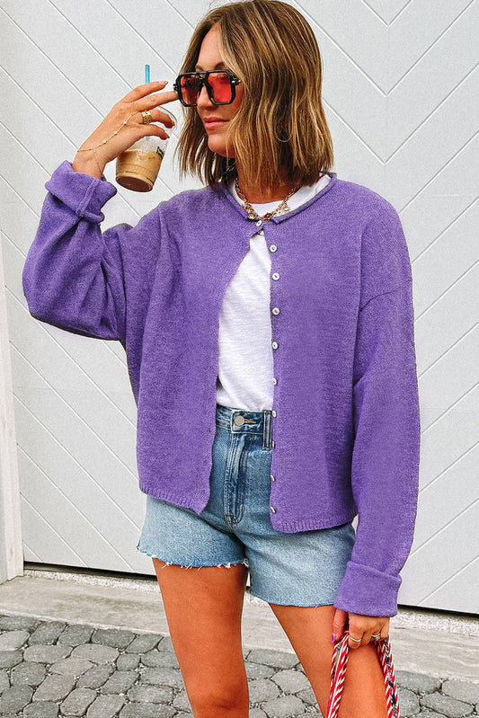 Wisteria Solid Color Knit Button Drop Shoulder Sweater Cardigan
