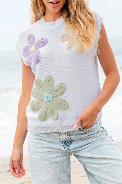 White Multi Crochet Flower Knit Short Sleeve Sweater Tops - Chic Meadow Boutique 