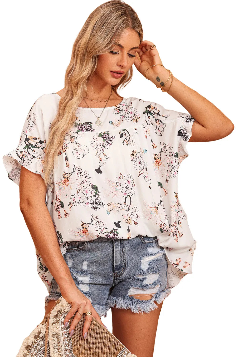 White Floral Ruffled Short Sleeve Back Knot Blouse - Chic Meadow Boutique 