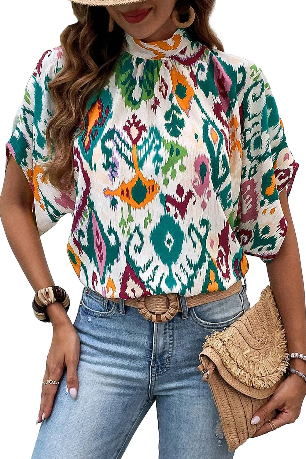 Multicolour Western Print High Neck Bat Sleeve Blouse - Chic Meadow Boutique 