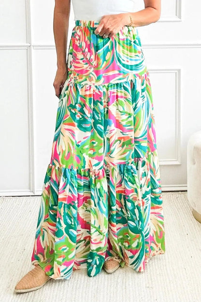 Bottoms/Skirts & Petticoat Green Abstract Printed High Waist Tiered Maxi Skirt