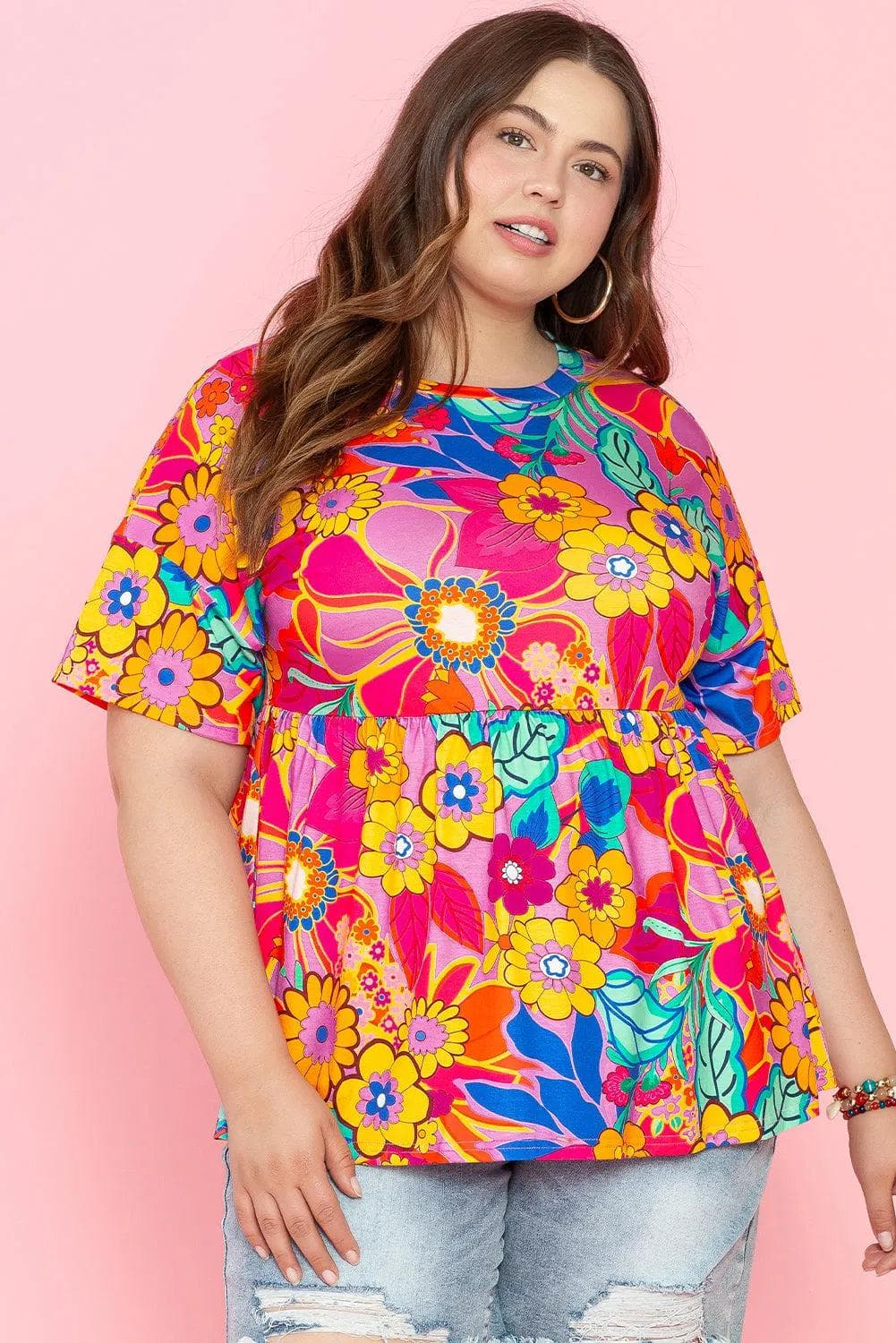 Plus Size/Plus Size Tops/Plus Size Blouses & Shirts Pink Floral Print Short Sleeve Plus Size Babydoll Blouse