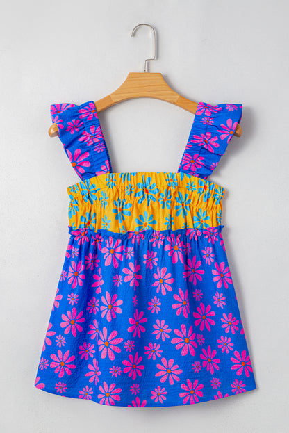 Blue Floral Colorblock Flutter Straps Flowy Tank Top