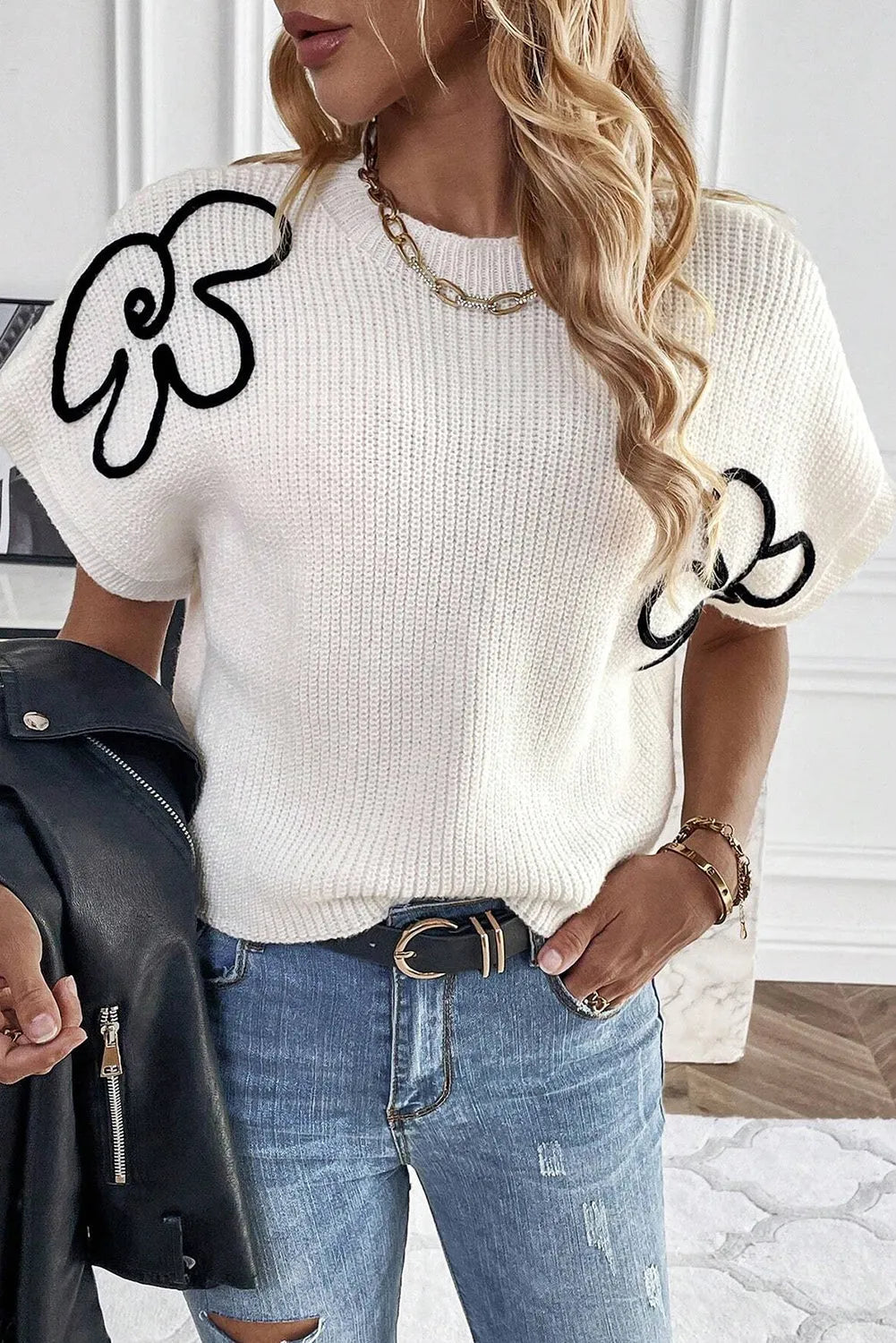 White Flower Embroidery Sweater Top - Chic Meadow Boutique 