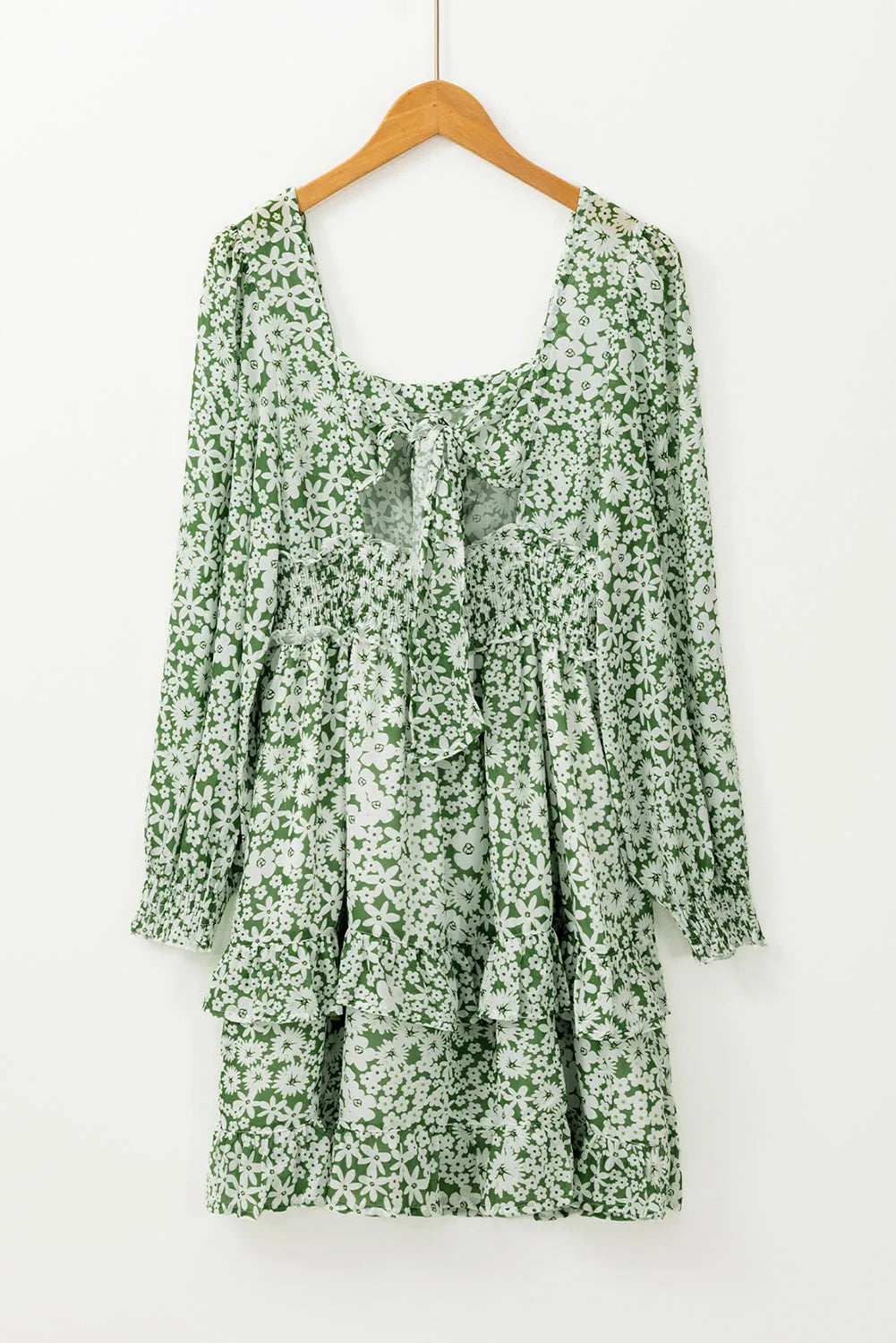 Green Floral Print Square Neck Shirred Waist Tiered Ruffled Mini Dress - Chic Meadow Boutique 