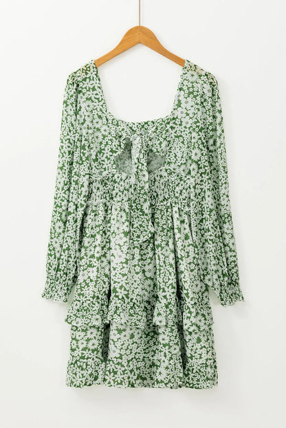 Green Floral Print Square Neck Shirred Waist Tiered Ruffled Mini Dress - Chic Meadow Boutique 