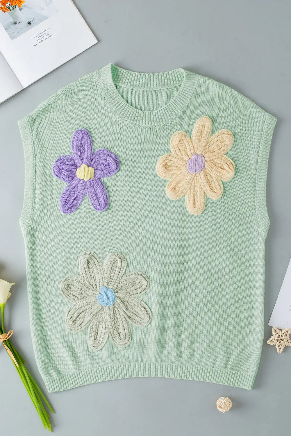 Moonlight Jade Multi Crochet Flower Knit Short Sleeve Sweater Top - Chic Meadow Boutique 