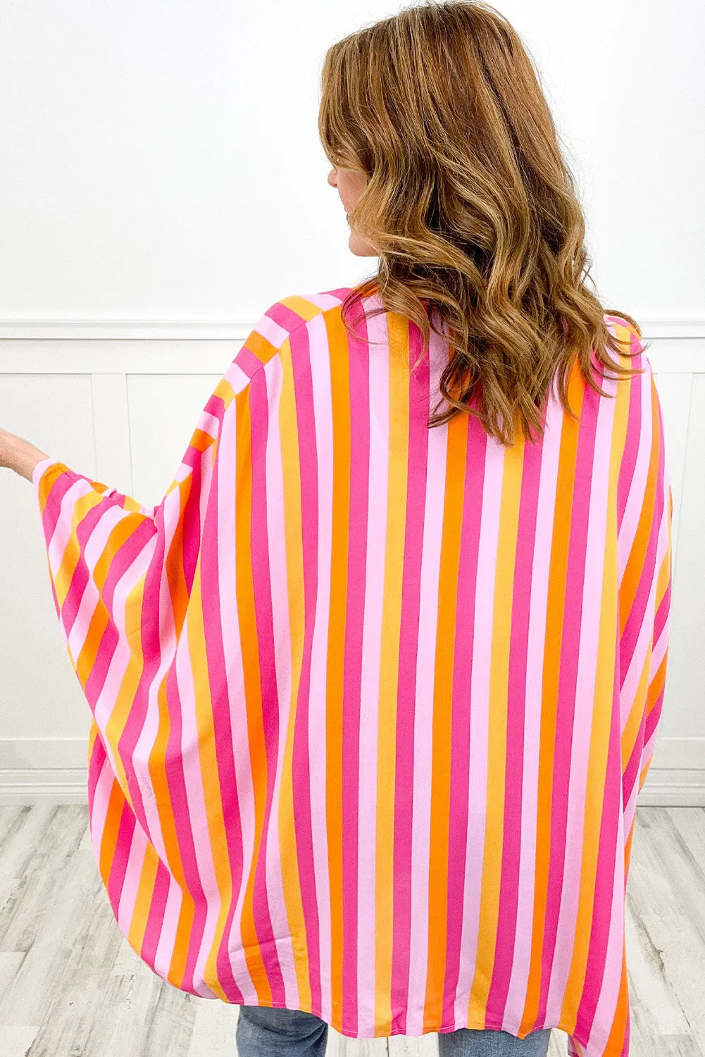 Rose Stripe Wide Sleeve Open Front Kimono - Chic Meadow Boutique 