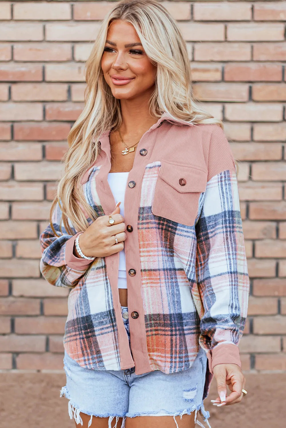 Light Pink Plaid Corduroy Patchwork Chest Pocket Shacket - Chic Meadow Boutique 