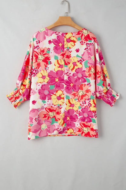 Pink Shirred Cuffs 3/4 Sleeve Floral Blouse - Chic Meadow Boutique 