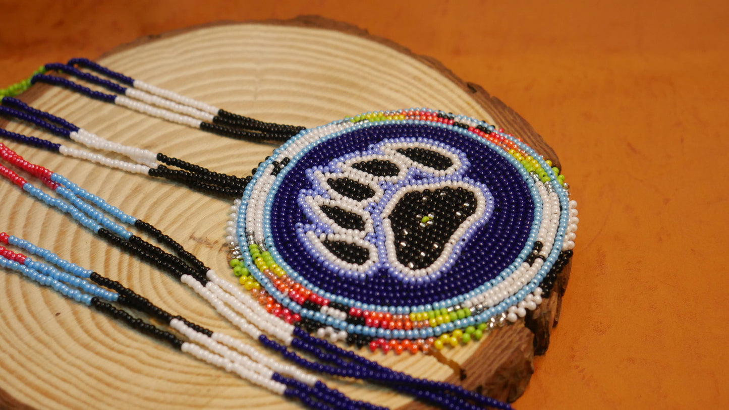 Native American Beaded Blue Bear-Paw  medallions Necklace