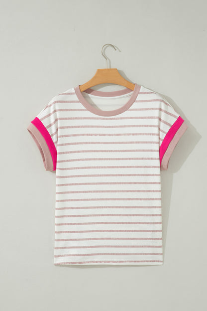 Khaki Stripe Color Block Trim Round Neck Short Sleeve Top