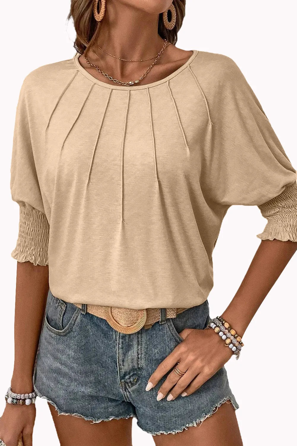 Apricot Plain Pleated Shirred Cuff Half Sleeve Top - Chic Meadow Boutique 