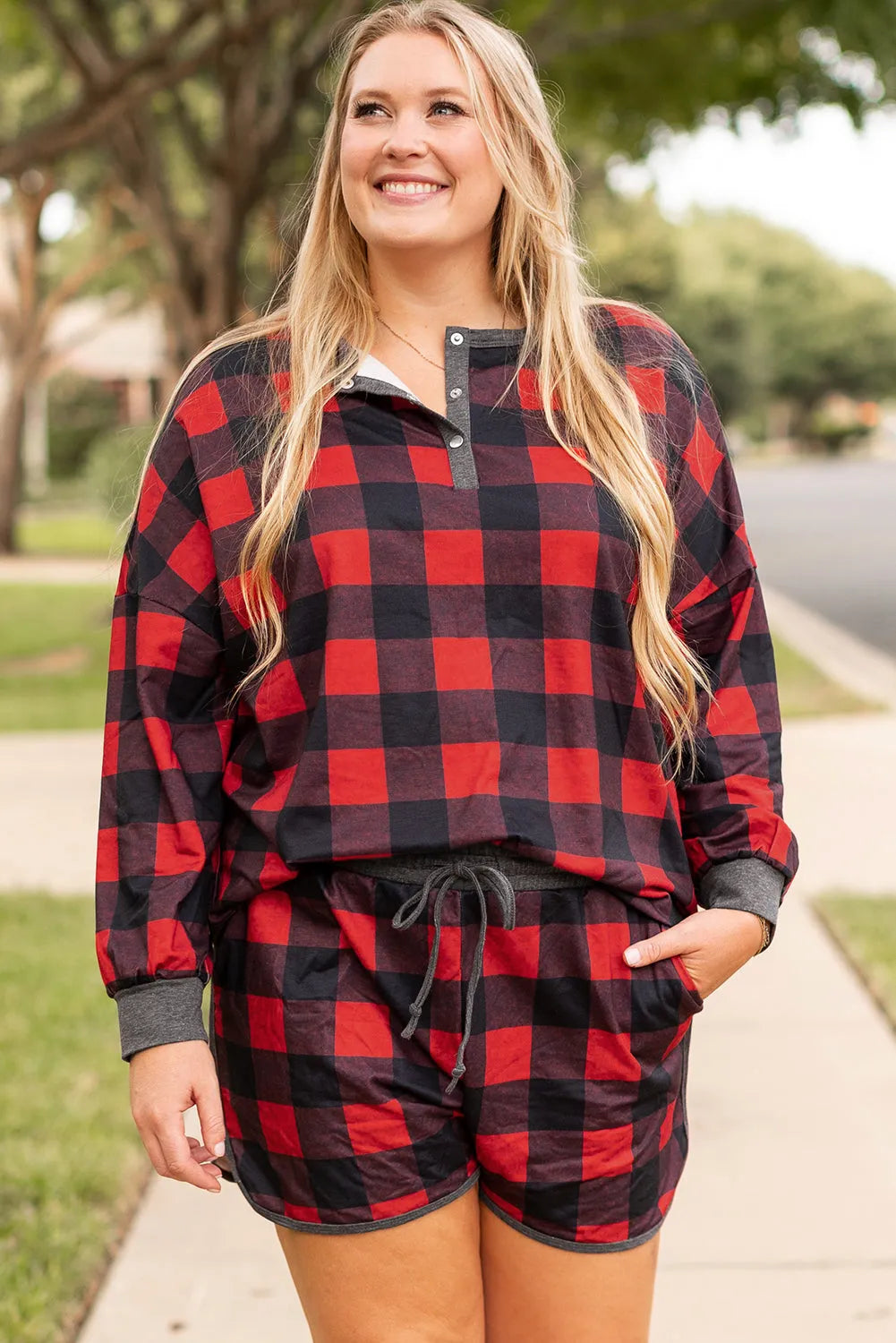 Fiery Red Christmas Buffalo Print Henley Top and Shorts Plus Size Set - Chic Meadow Boutique 