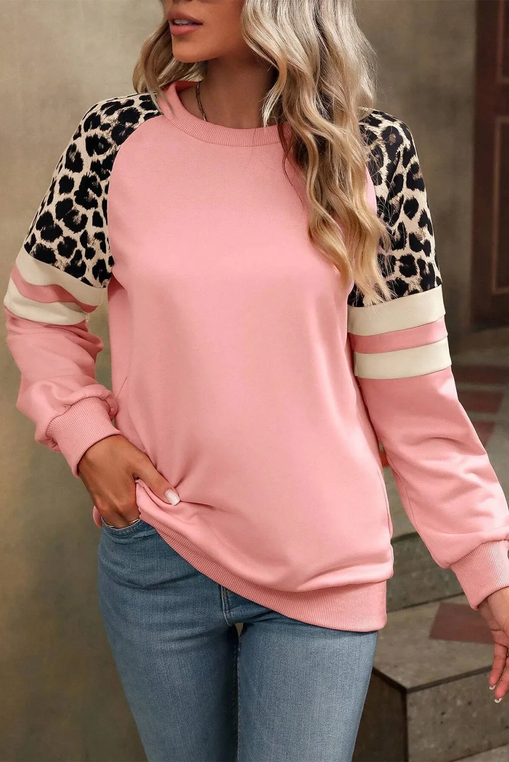 Peach Blossom Leopard Print Colorblock Raglan Sleeve Sweatshirt - Chic Meadow Boutique 