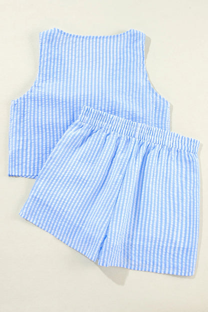 Sky Blue Stripe V Neck Bowknot Crop Tank and Shorts Set - Chic Meadow Boutique 