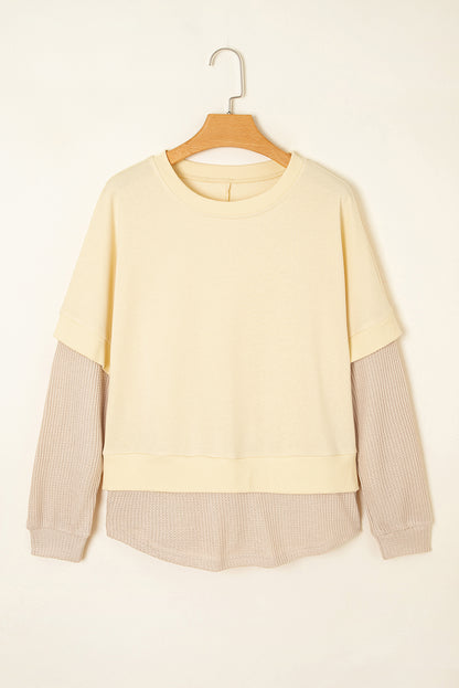 Apricot 2 in 1 Faux Two Piece Patchwork Round Neck Sweatshirt
