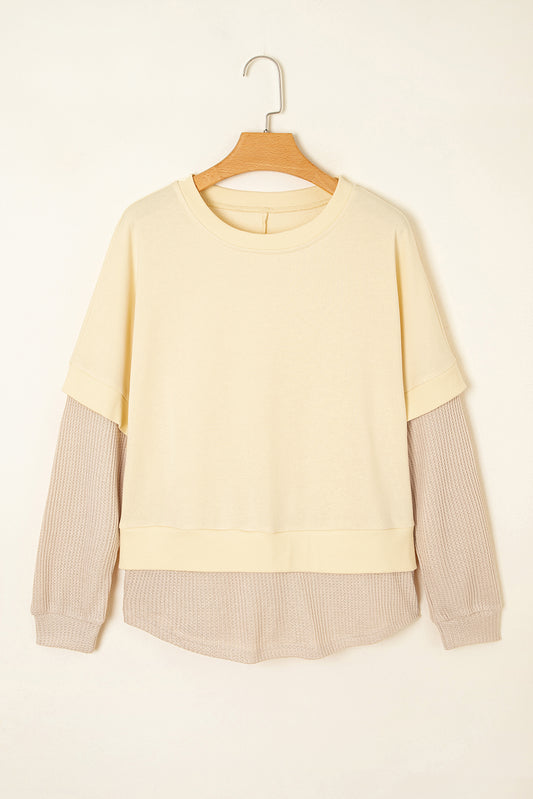 Apricot 2 in 1 Faux Two Piece Patchwork Round Neck Sweatshirt
