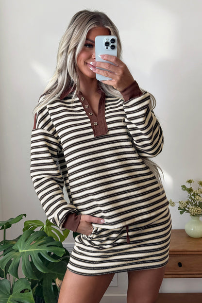 Brown Stripe Contrast Trim Button Neck Long Sleeve Top Drawstring Mini Skirt Set